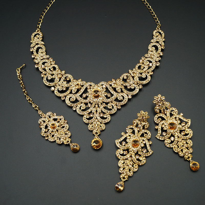 Som Gold Diamante Necklace Set - Gold | Indian Jewellery Online | Asian ...