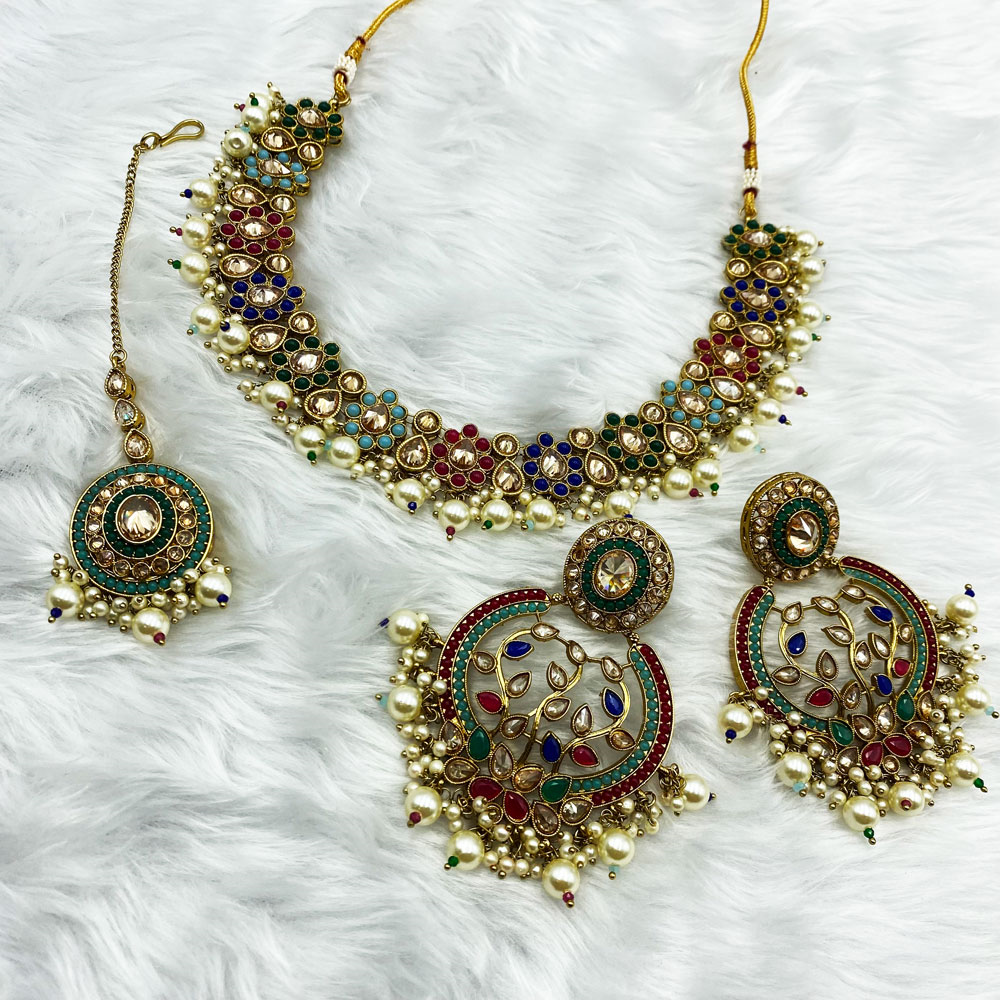 Fara Polki Stone Multicolour Necklace Set - Antique Gold | Indian ...