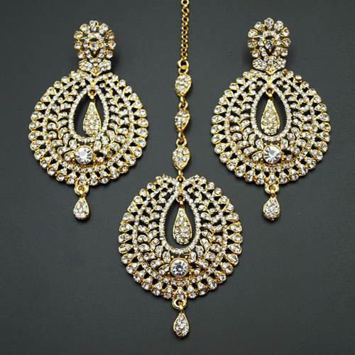 Kyra White Diamante Earring Tikka Set - Gold