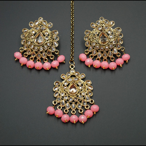 Surata- Baby Pink /Gold Polki Stone Earring Tikka Set - Gold