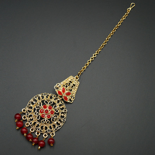 Eni - Dark Pink & Gold Diamante Tikka - Antique Gold