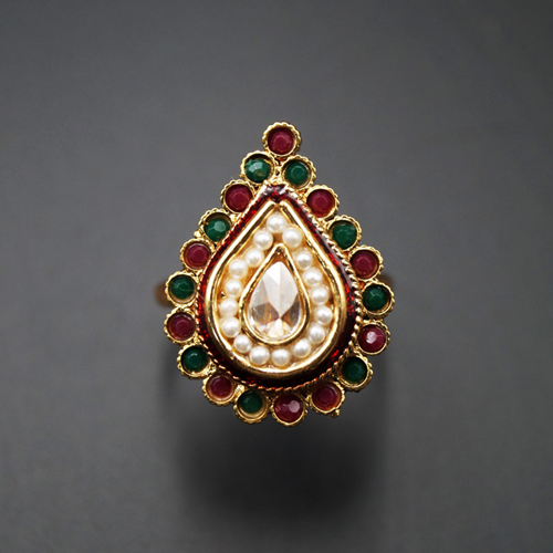 Nir - Green & Red Diamante Stone Ring - Gold