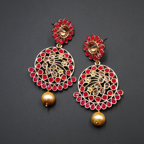 Fazla Cerise & Gold Polki Stone Earrings - Gold