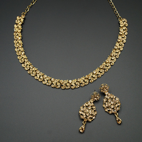 Tri Gold Diamante Necklace Set - Gold | Indian Jewellery Online | Asian ...