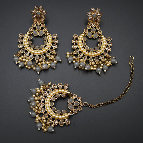 Alka- Grey/Gold Polki Earring Tikka Set - Antique Gold