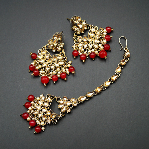 Anuj Gold Polki & Red Beads Necklace Set - Antique Gold 