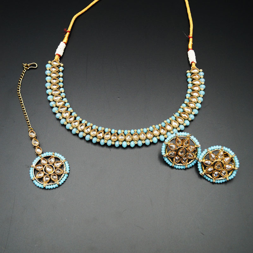 Banu Gold Polki/ Light Blue beads Necklace Set - Antique Gold | Indian ...