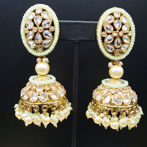 Nash -Gold Polki Stone/Mint Beads Jhumka- Antique Gold