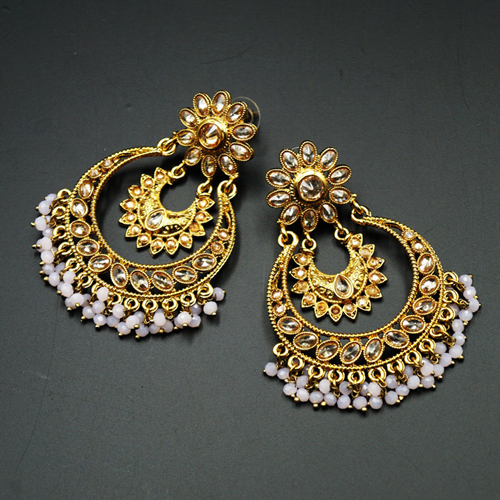 Devaki -Gold Polki Stone/Baby Pink Beads Earrings - Antique Gold