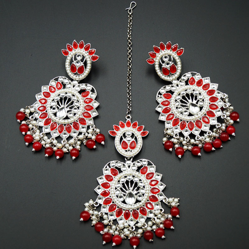 Shima - Red /White Kundan Stone Earring Tikka Set - Silver