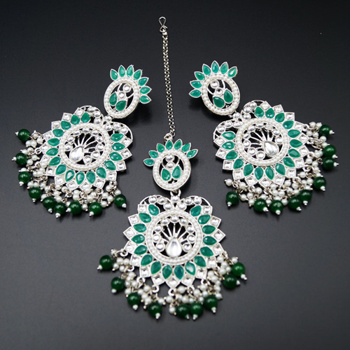 Shima - Green/White Kundan Stone Earring Tikka Set - Silver