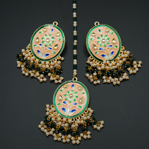 Naman White Kundan/Peach Earring Tikka Set - Gold