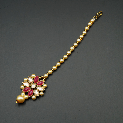 Vaji Cerise Stone Tikka - Antique Gold