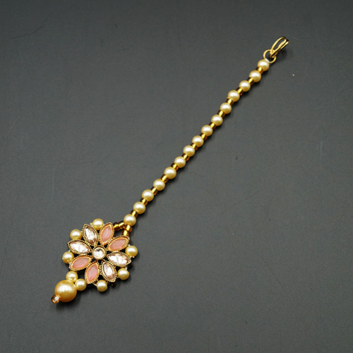 Vaji Pink Stone Tikka - Antique Gold