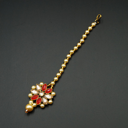 Vaji Red Stone Tikka - Antique Gold