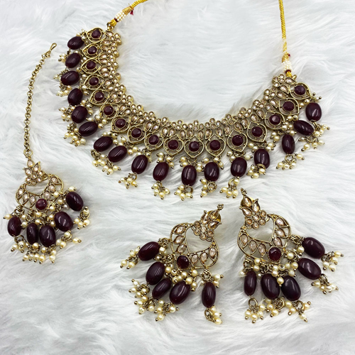 Gunjan Maroon Necklace Set - Antique Gold