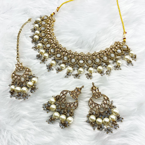 Gunjan Grey Necklace Set - Antique Gold