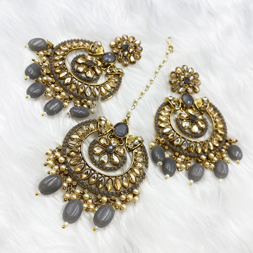 Peya Grey Earring Tikka Set - Antique Gold