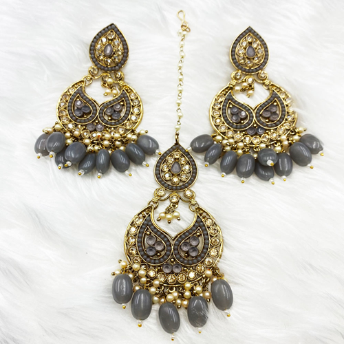 Reny Grey Earring Tikka Set - Antique Gold