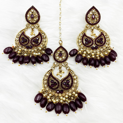 Reny Maroon Earring Tikka Set - Antique Gold