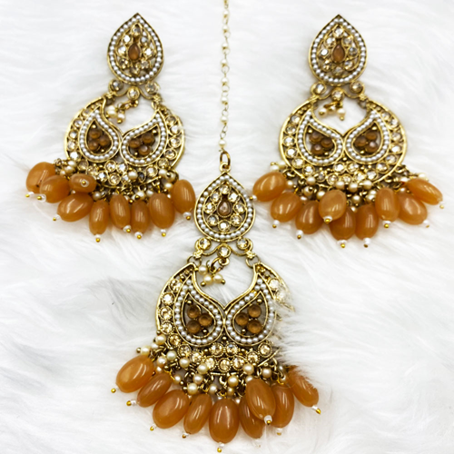 Reny Peach Earring Tikka Set - Antique Gold