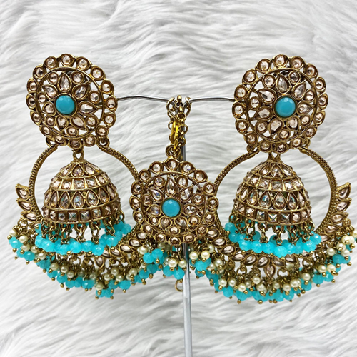 Kahr Polki Turquoise Jhumka Bali Earring Tikka Set - Antique Gold