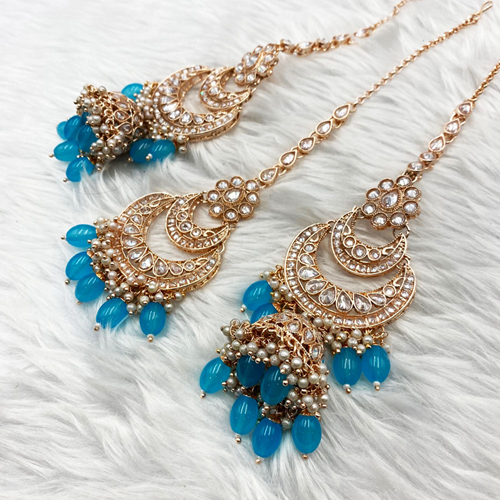 Jiwa Polki Light Blue Jhumka Earring Tikka Set - Rose Gold