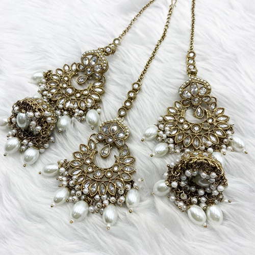 Ria White Polki Stone Jhumka Earring Tikka Set - Antique Gold