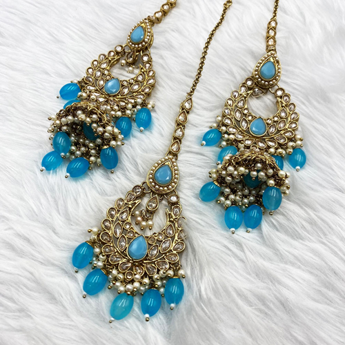 Heti Polki Light Blue Jhumka Earring Tikka Set - Antique Gold