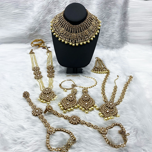 Jisa Gold Polki Stone & Pearl Bridal Set - Antique Gold