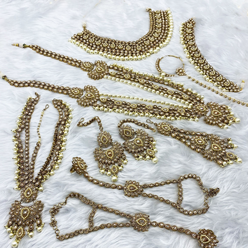 Zana Gold Polki Stone & Pearl Bridal Set - Antique Gold