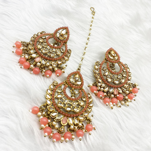 Gajal Coral Earring Tikka Set - Antique Gold