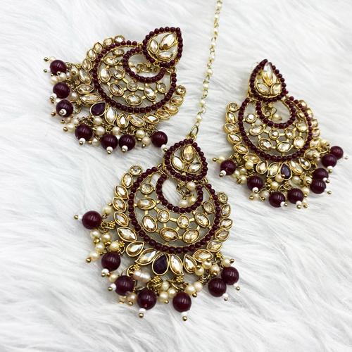 Gajal Maroon Earring Tikka Set - Antique Gold