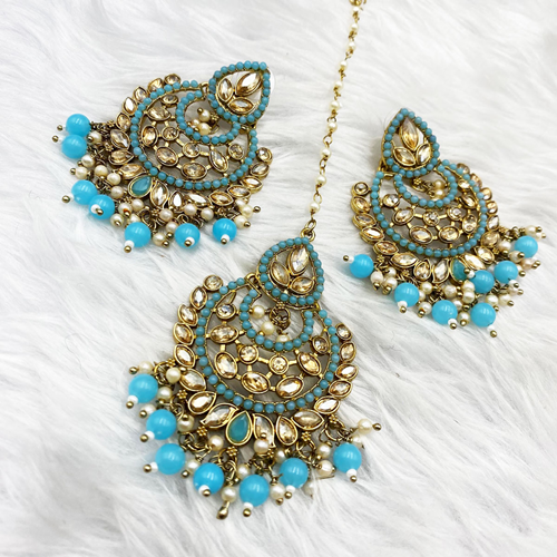 Gajal Light Blue Earring Tikka Set - Antique Gold