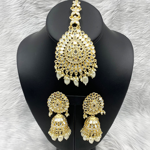 Geeti Mirror Earring & Oversized Tikka Set - Light Gold