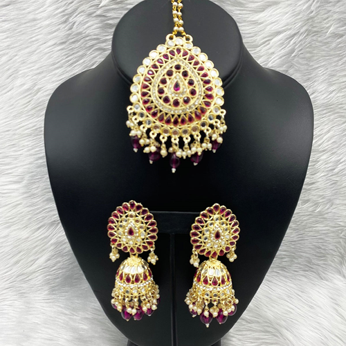 Geeti Purple Mirror Earring & Oversized Tikka Set - Light Gold