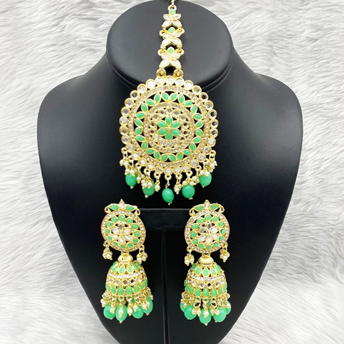 Pahal Pista Mirror Earring & Oversized Tikka Set - Light Gold