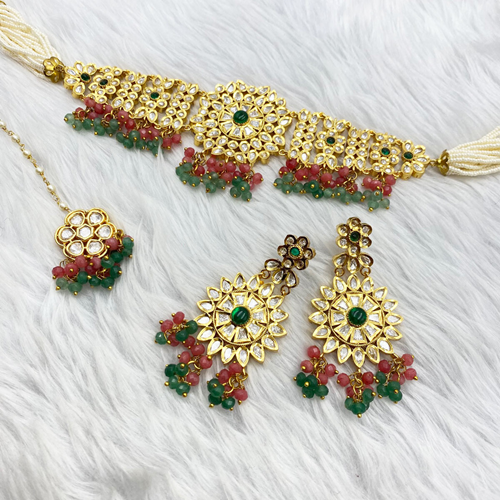 Kiko Regal Pink & Green Glass Kundan Choker Necklace Set - Gold