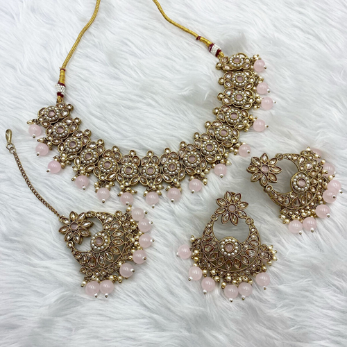 Tej Polki Stone Baby Pink Necklace Set - Antique Gold