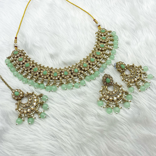 Arij Polki Stone Pista Necklace Set - Antique Gold