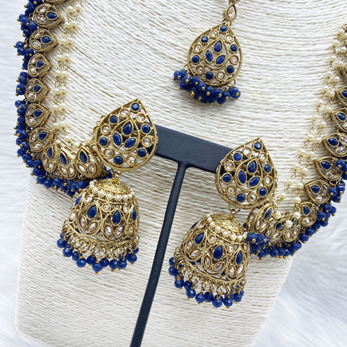 Tabu Navy Blue Polki Stone Sahara Earring Tikka Set - Antique Gold