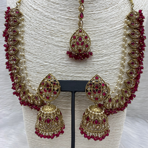 Tabu Pink Polki Stone Sahara Earring Tikka Set - Antique Gold