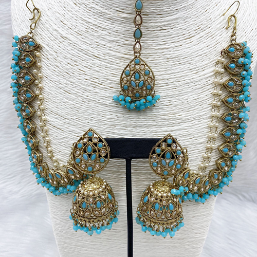 Tabu Light Blue Polki Stone Sahara Earring Tikka Set - Antique Gold