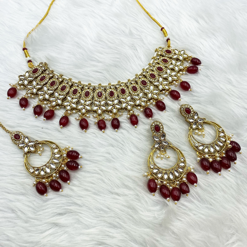 Kasi Maroon Kundan Necklace Set - Gold 