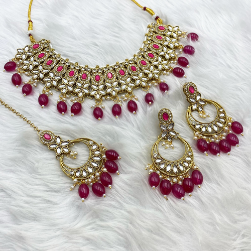 Kasi Pink Kundan Necklace Set - Gold  