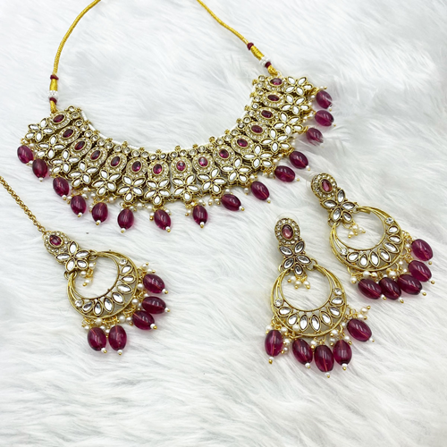 Kasi Purple Kundan Necklace Set - Gold  