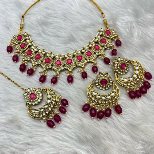 Sara Pink Kundan Necklace Set - Gold  