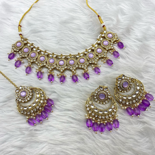 Sara Lilac Kundan Necklace Set - Gold  