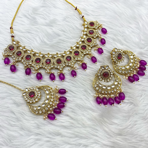 Sara Purple Kundan Necklace Set - Gold 