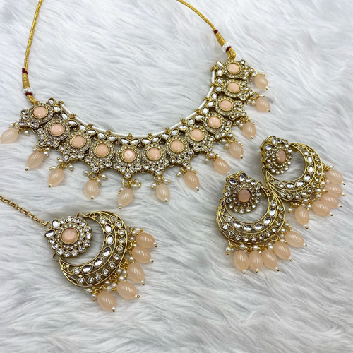 Sara Peach Kundan Necklace Set - Gold  